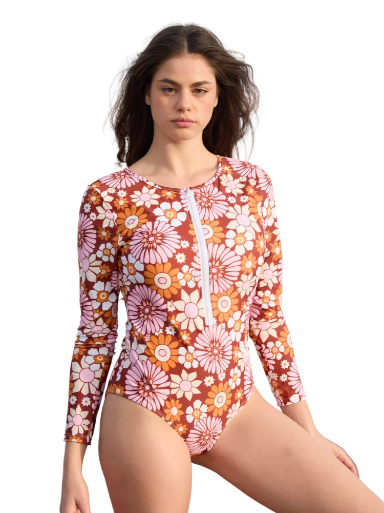 

Daisy Print Swimsuit Long Sleeve Half Zip Bathing Suit UPF50+ Rash Guard Sports Surfing One-piece Swimming