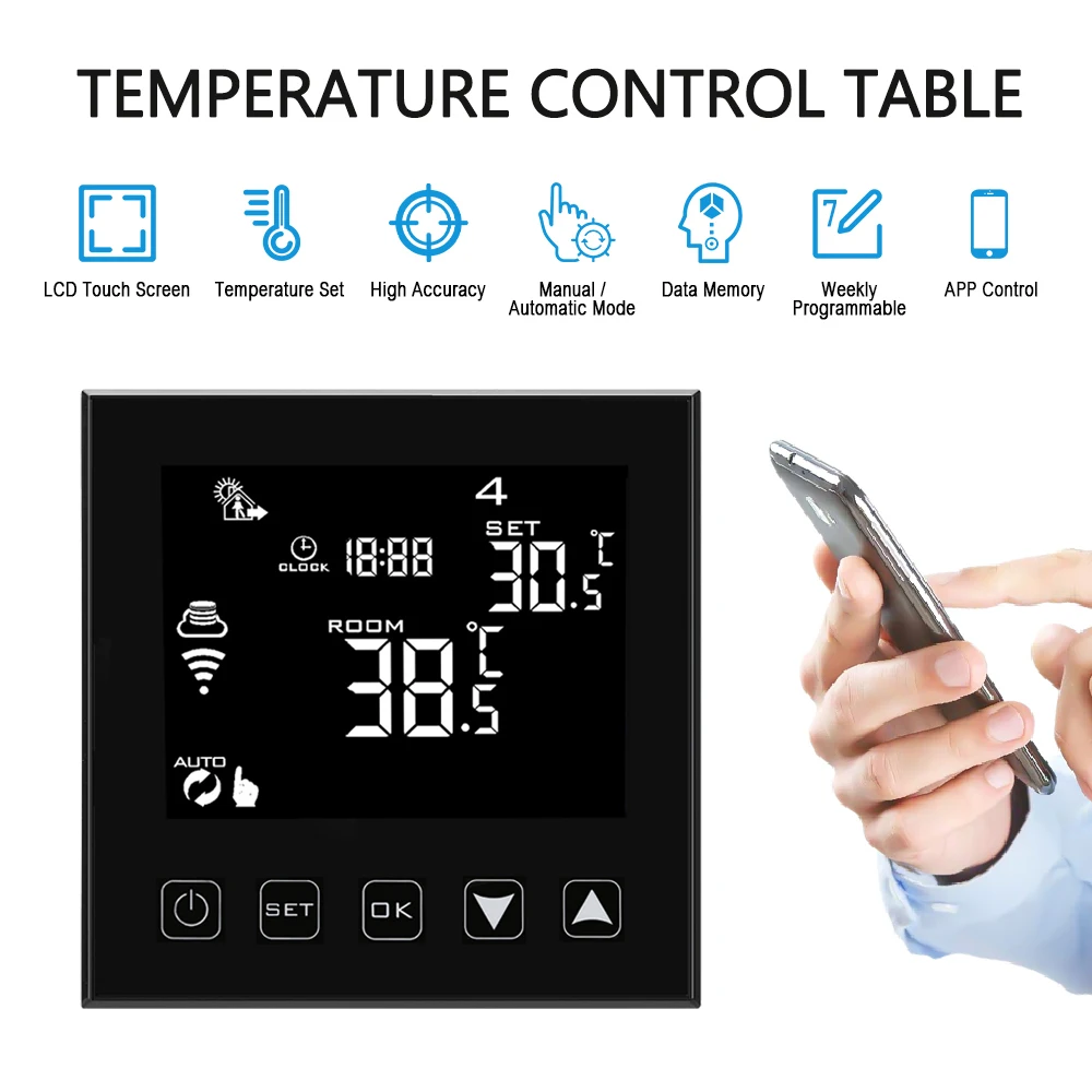 Termostato inteligente WiFi de montaje en pared, pantalla táctil LCD grande, calefacción eléctrica de suelo, control remoto de temperatura del agua