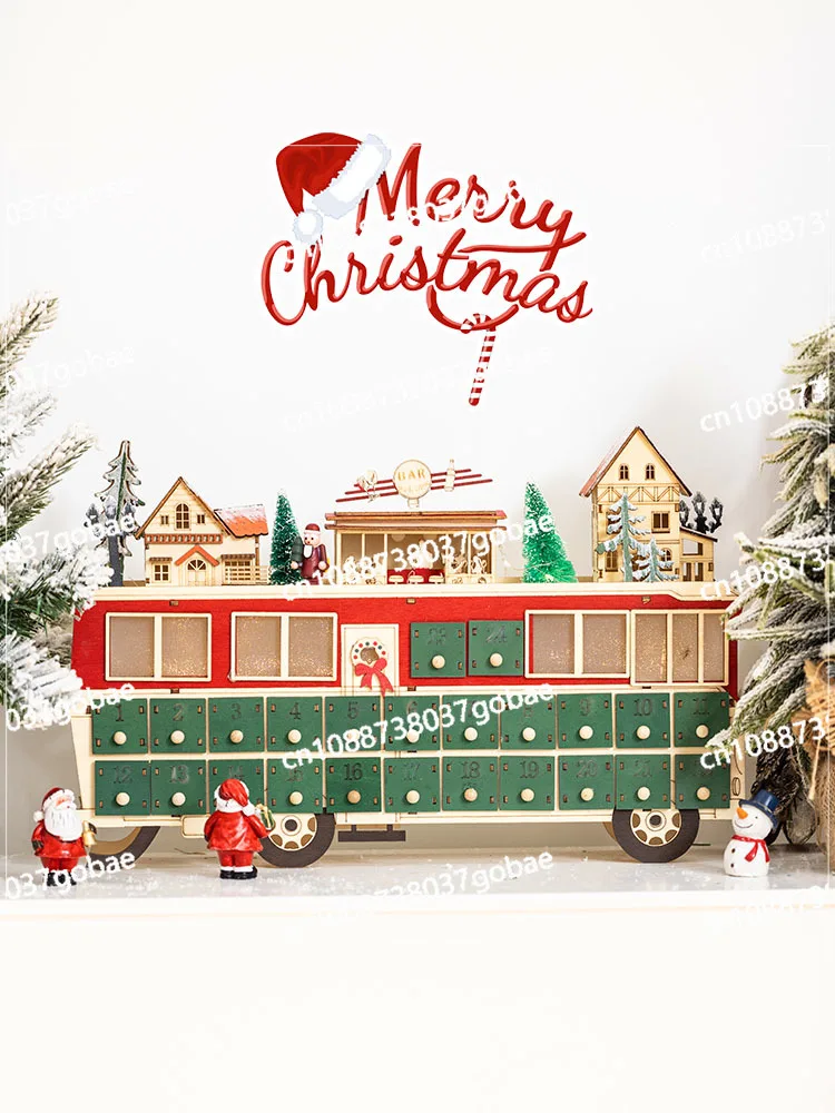 Christmas Gift Glow Led Wooden Bus Ornament Bar Scene Decoration Dress Up Creative Countdown Calendar