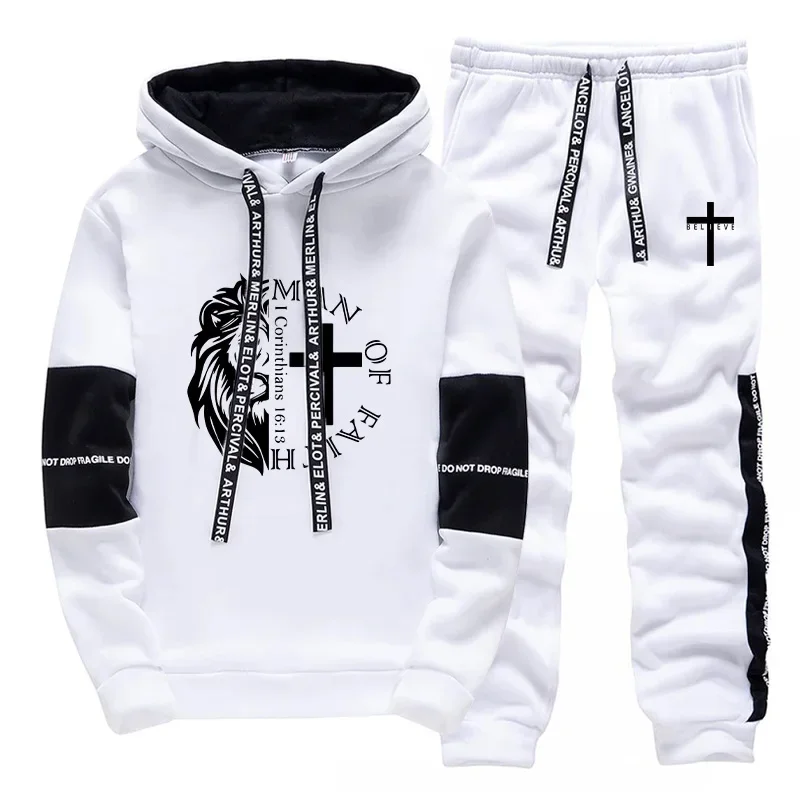 2026 New Arrival Men's Christian Design Sweatshirts Sweatpants 2pcs Set Fall Winter Urban Casual Sporty Fashion Hoodie Tracksuit