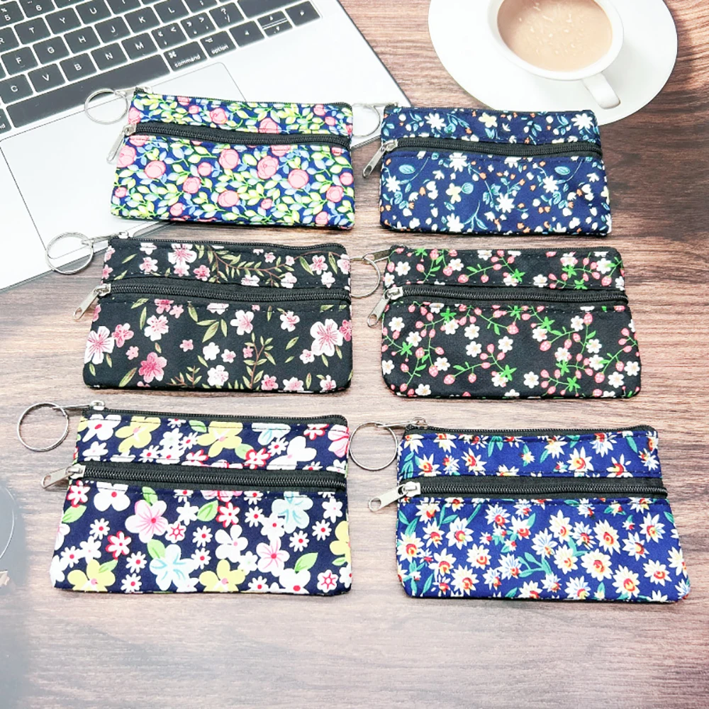 24pcs Wallet Women Canvas Rectangle Shaped Floral Printing Double Zipper Multifunctional Short Credit Card Holder Mix Color