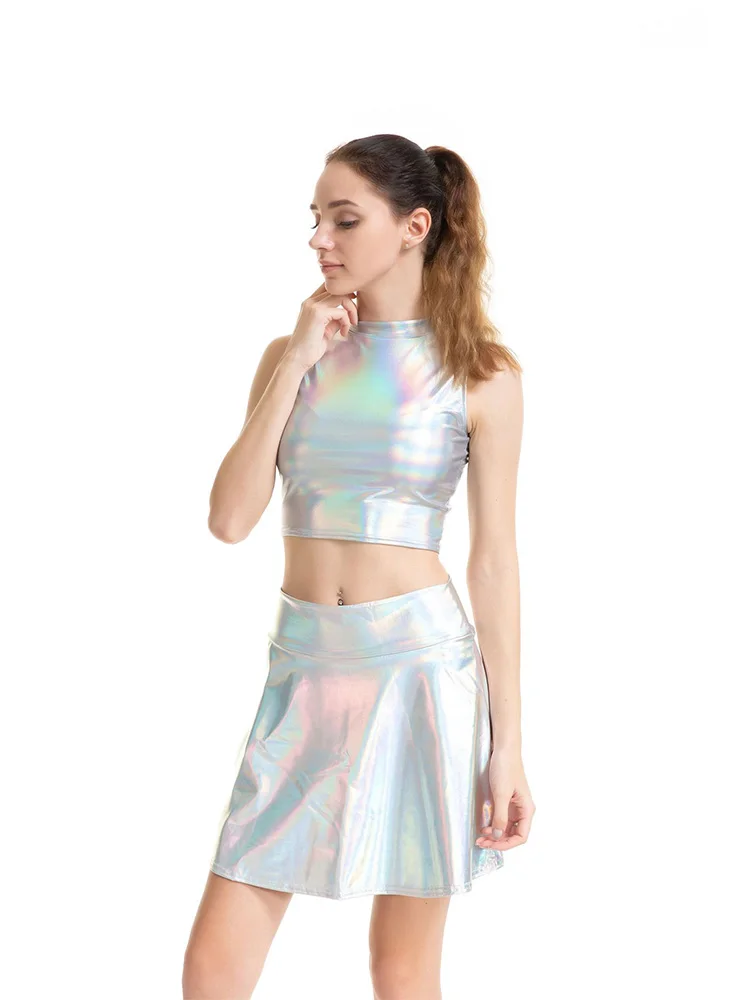 Women's Shiny Leather Sleeveless Crop Top Gold Silver Multicolor Sports Tank Vest Fashionable Gym Workout Shining Clothing