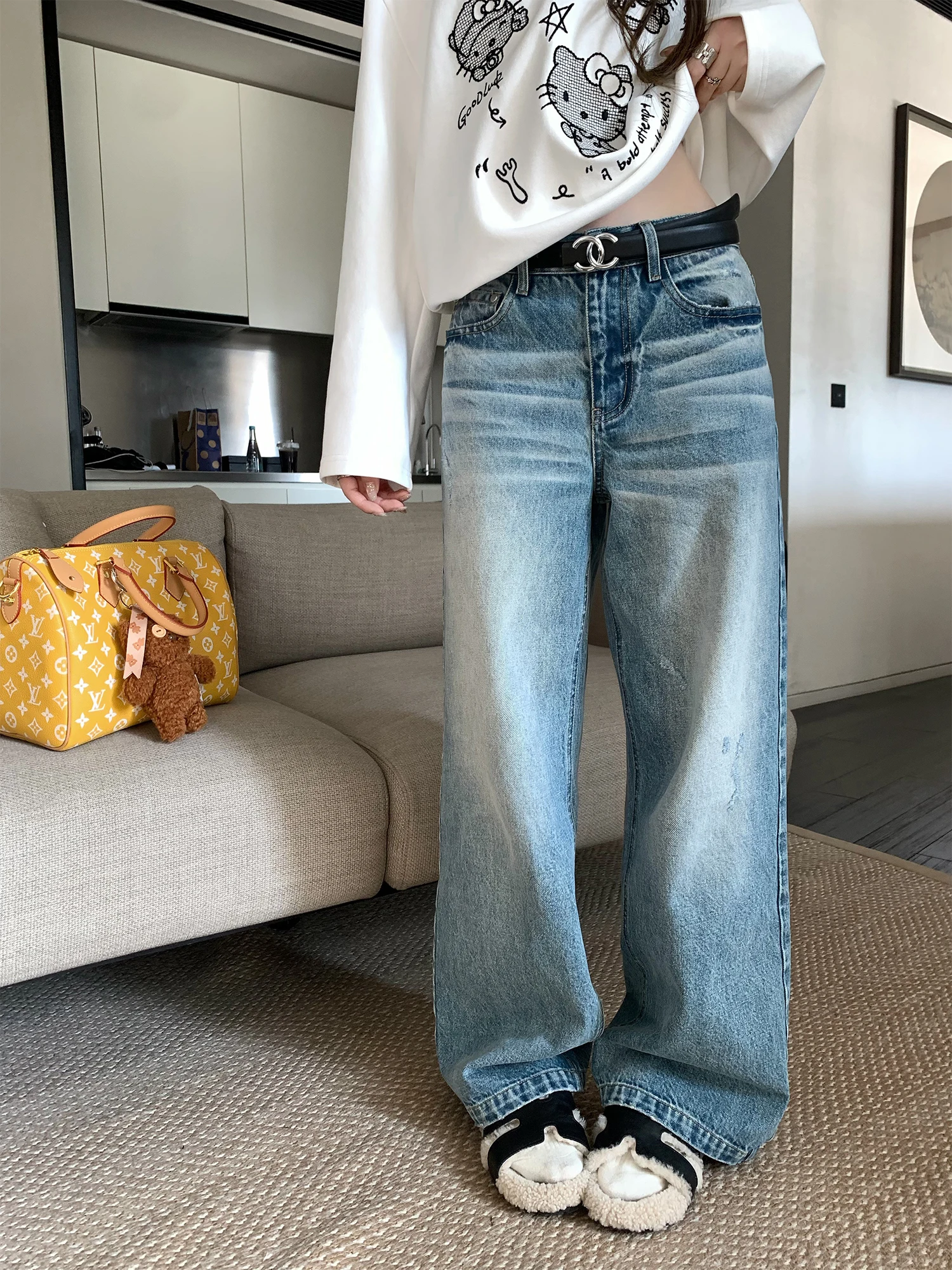 

Hhyii Vintage Blue Ripped Denim High Waist Slimming Wide Leg Pants Women's Early Spring Fashionable Versatile Floor-Length