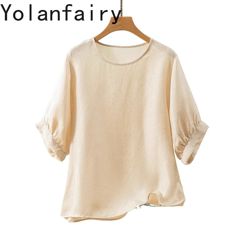 

YOLANFAIRY 100% Real Mulberry Silk T Shirt Woman 2025 Casual Satin Tee Shirt Femme Lantern Puffed Sleeves Summer Top T-shirts