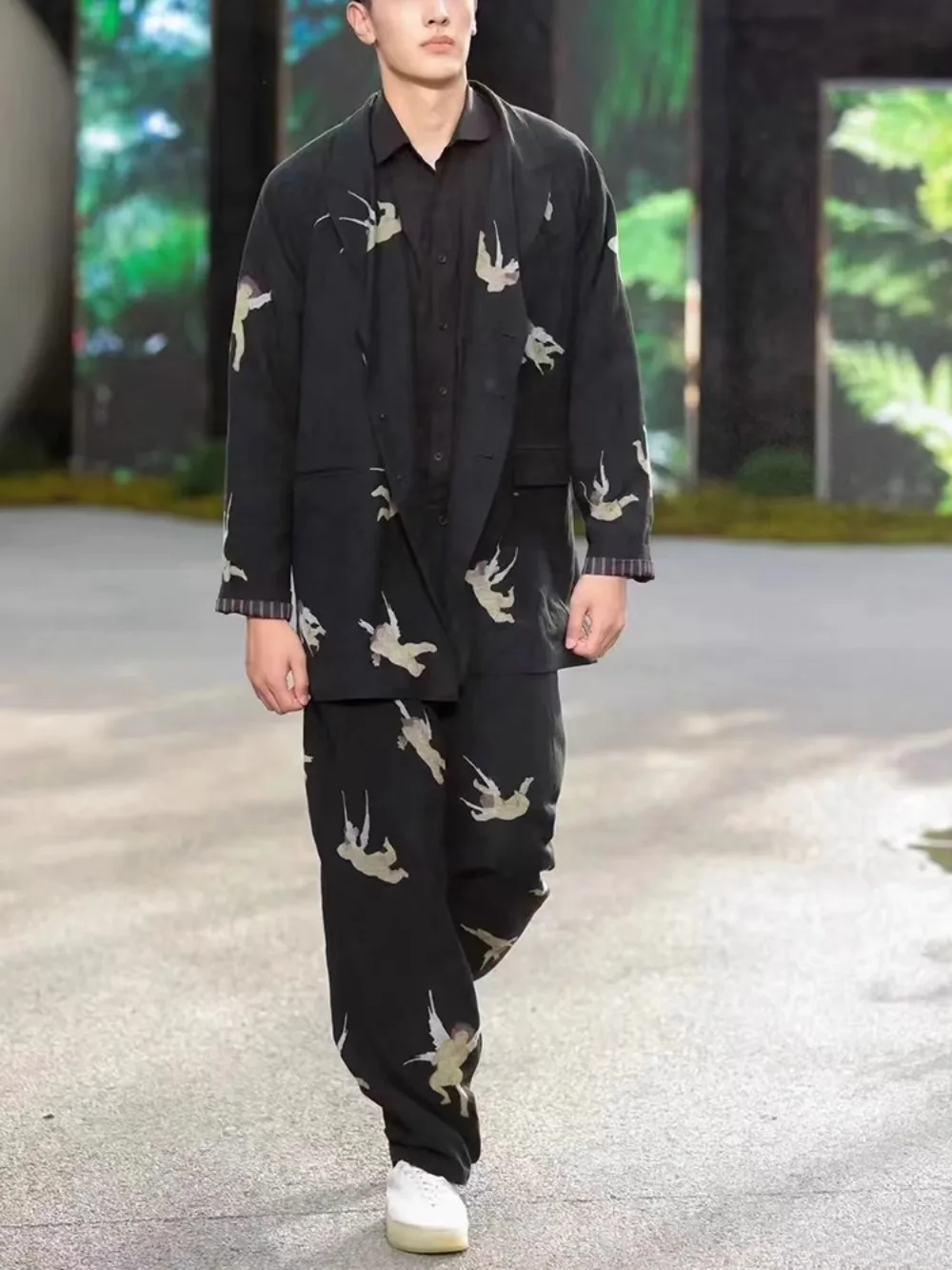 High Street Pants Men's Japanese Angel Pattern Printed Design Stylish Linen Blended Loose Streetwear Pants Men Clothing