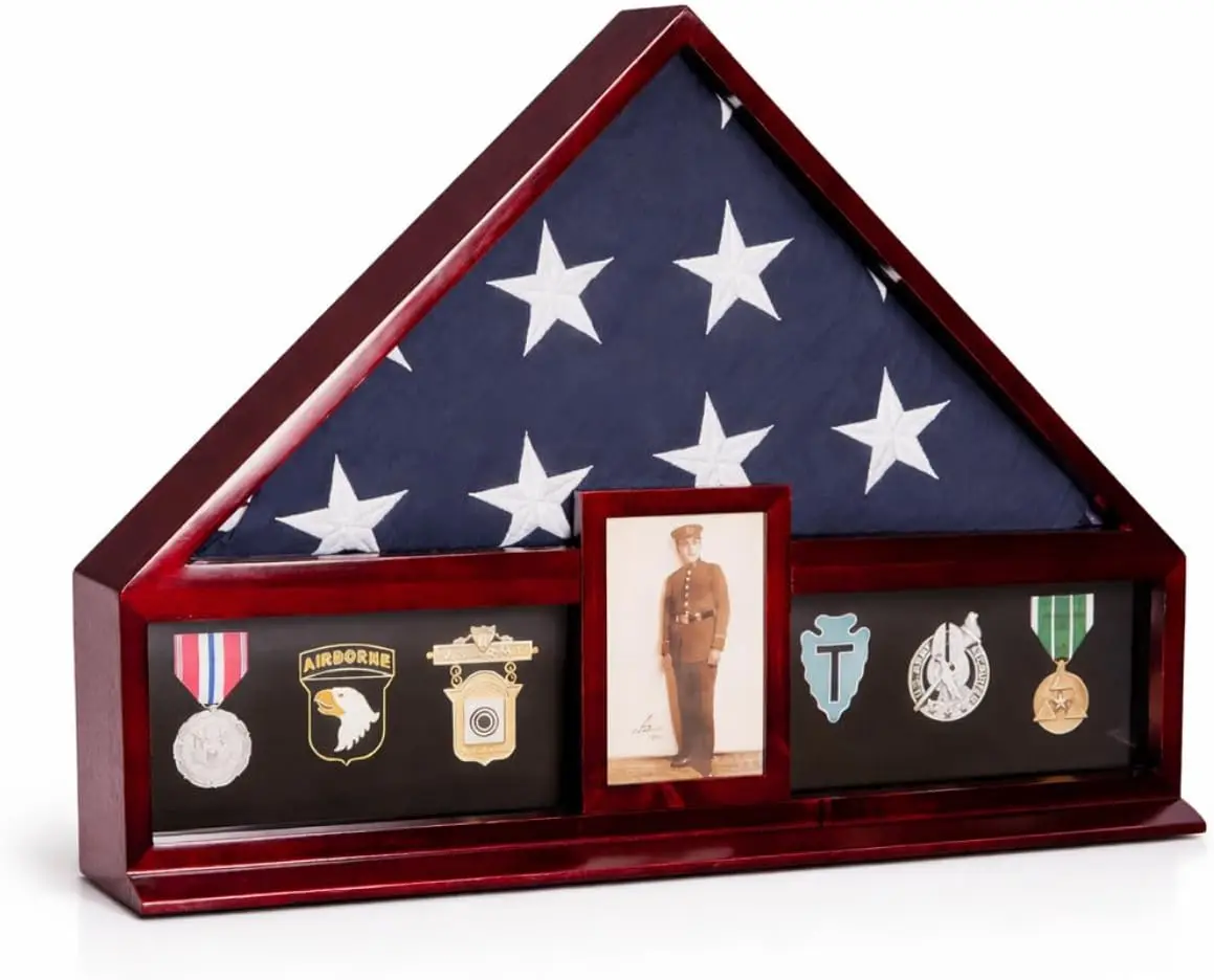 Custom Personalized American Flag Display Case for 5' x 9.5' Burial Memorial Flag, Military Medal Shadow Box with Glass Front an