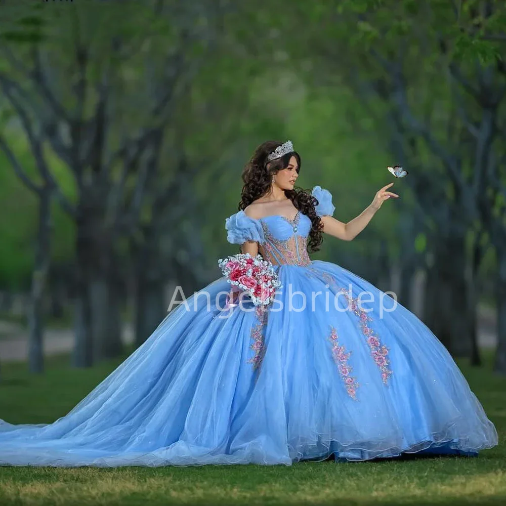 Angelsbridep ที่กําหนดเองเม็กซิโก Blue Ball Gown 15 ปี Quinceanera ชุด 2025 Appliques Ruffles แขนชุดราตรี