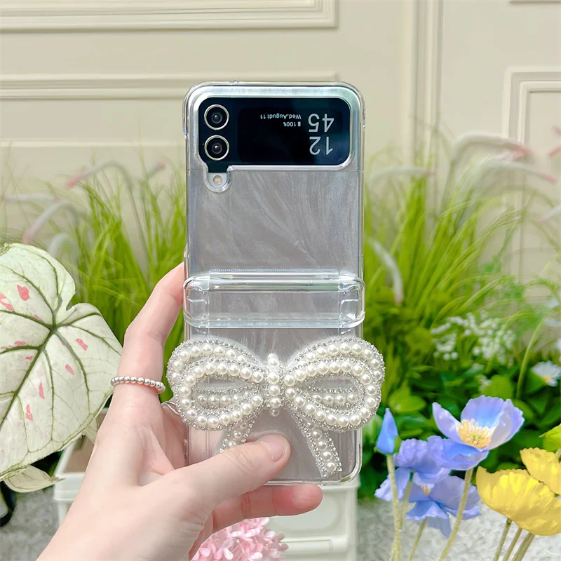 For Samsung Galaxy Z Flip 5 4 3 Case 3D Pearl Bow Bracelet Z Flip5 ZFlip 5 ZFlip5 Insert Cards Clear Shockoroof Back Cover