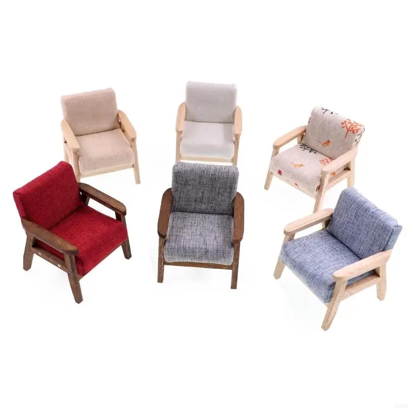 1/12 Scale Dollhouse Miniature Single Arm Chair Mini Wooden Fabric Frame Reading Chair Artificial House Room Scene Couch Model