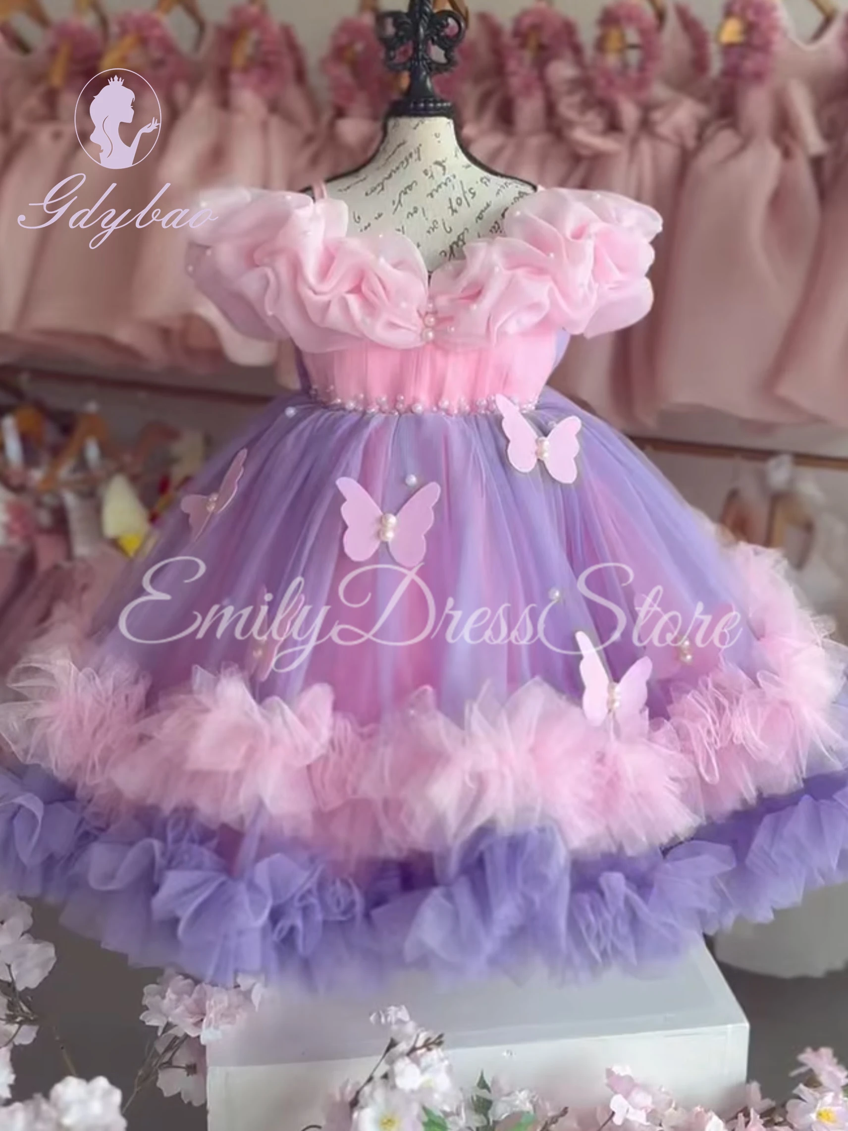 Customized Pink Flower Girl Dress For Wedding Off Shoulder Applique Sleeveless Tulle Kids Birthday Party First Communion Gowns