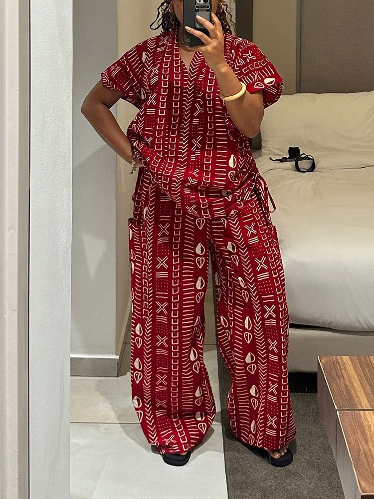 Sexy V-neck Pullover Top & Wide Leg Pant Set Women Casual Short Sleeve Street Two Piece Suit Vintage Pattern Print Loose Outfits