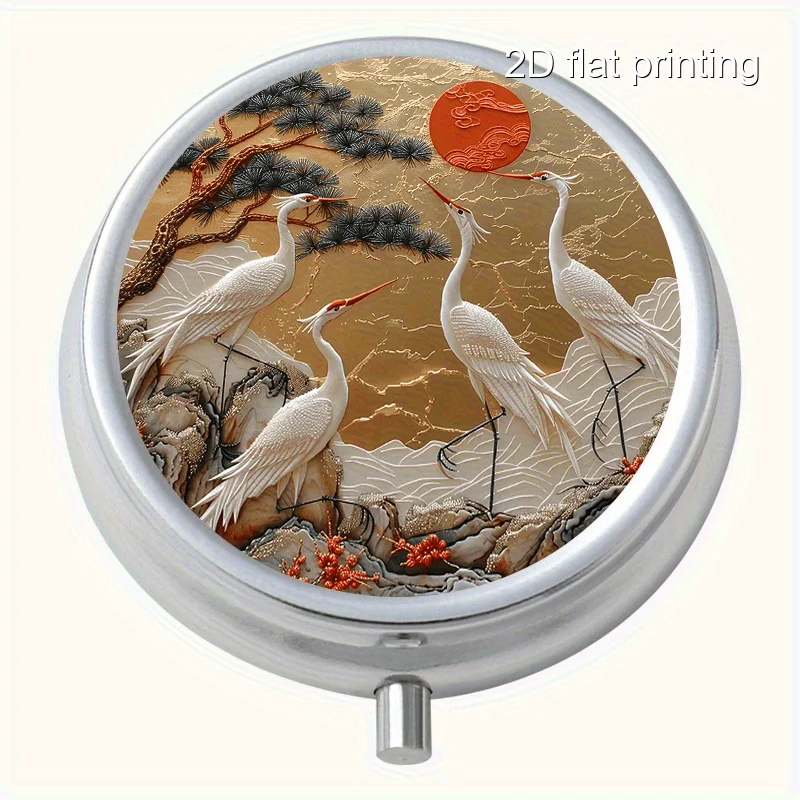 Creative Printed Pattern of Pine Branches and Cranes, Round Metal Box with 3 Compartments, Portable Mini Metal Box, Vitamin Metal Box, Portable Metal Box for Home and Travel, Multifunctional Sorting and Storage Box, Small Metal Box for Decorations, Earrings, and Jewelry with Multiple Compartments, Sealed and Moisture-Proof, Unique Holiday Gift for Family and Friends