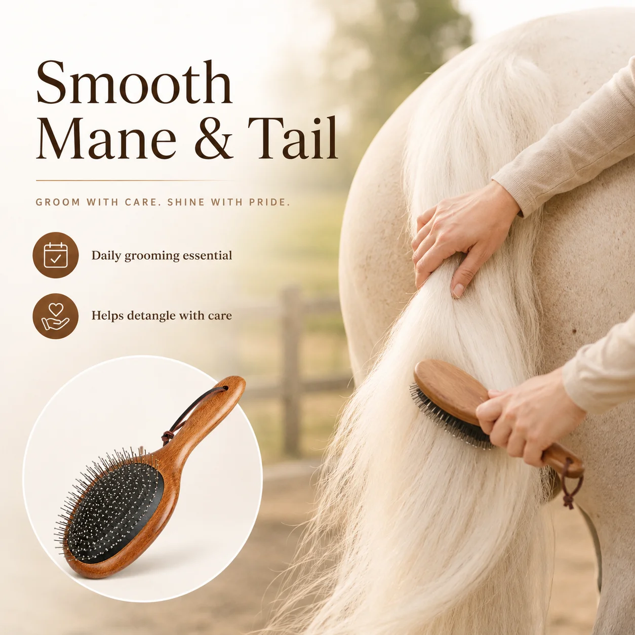 Wooden Handle Horse Mane and Tail Rake Comb, Wide Tooth Grooming Brush for Stable Care Equestrian Use