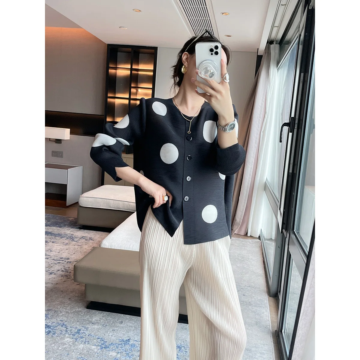 Miyake Women's Black White Big Polka Dot Pleated Cardigan, Round Neck 3/4 Sleeve Loose Casual Coat