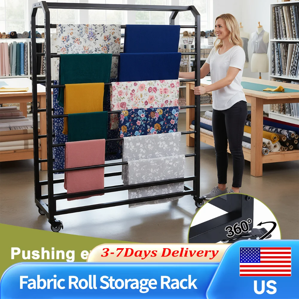 

Movable Double Sided Fabric Roll Storage Organizer with 12 Adjustable Rods Heavy Duty Steel Holder for Curtain Leather Wallpaper