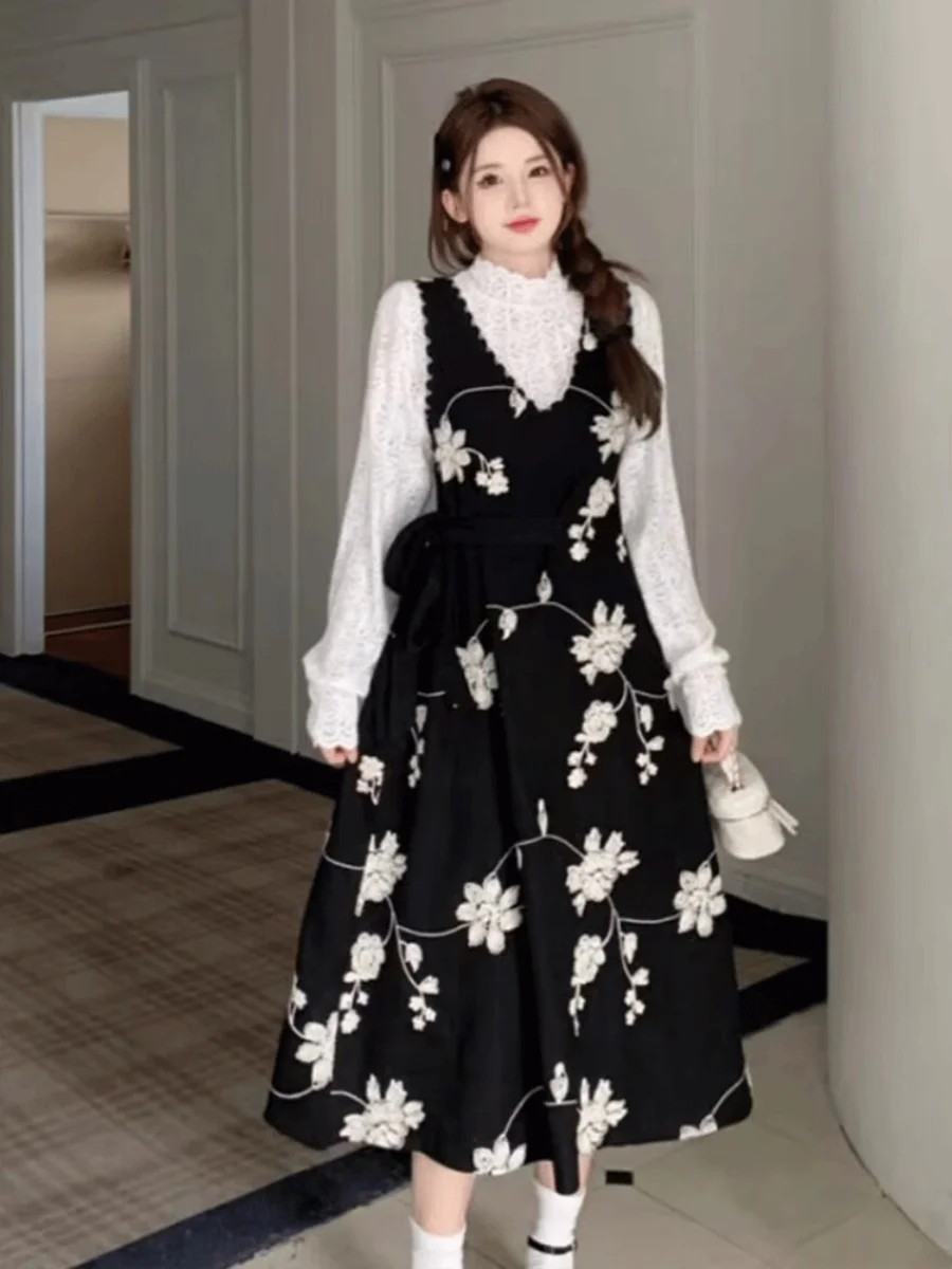 Bloemen A-lijn Dr Dames Los Casual Artistiek Taille-Knipperend Afslanken V-Ne Bla Lange Strapl Jurk Miss Gong