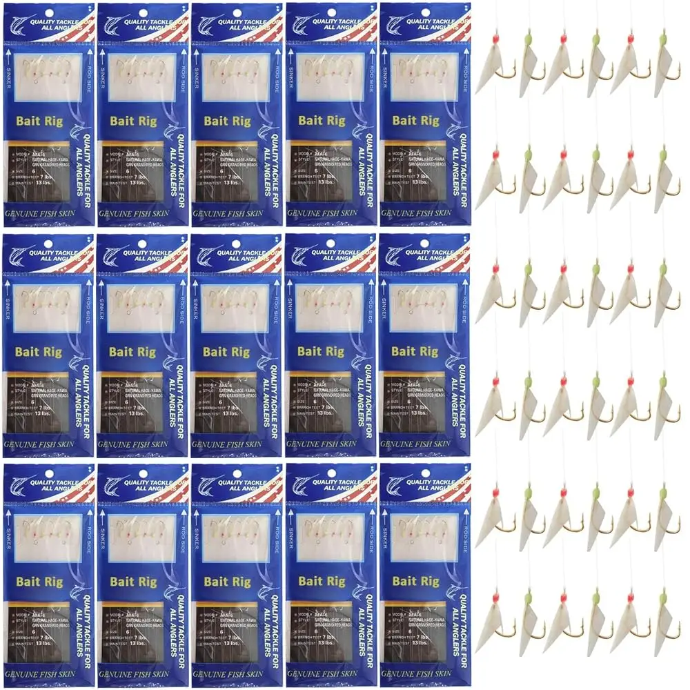 

Набор рыболовных оснасток: 15 комплектов оснасток с наживкой, светящиеся приманки, оснастки для морской рыбалки с натуральной рыбьей кожей, острые крючки, вертлюги