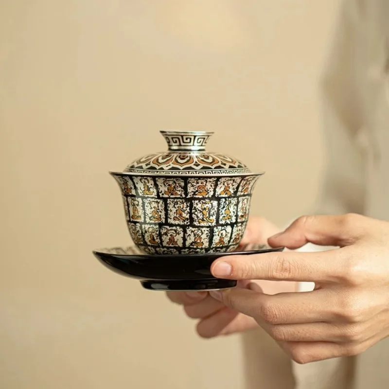 

Jingdezhen Hand Painted Silver Wanfo Gaiwan Sancai Gaiwan Retro Old Pottery Mud Ceramic Teacup Tea Bowl Collection Holiday Gifts