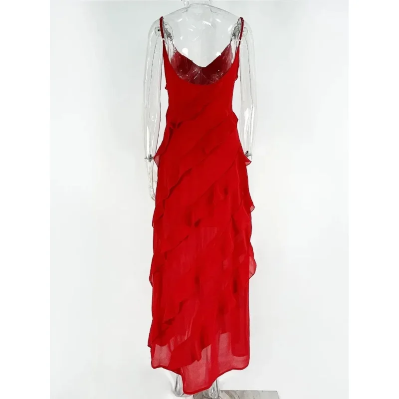 جينا-فستان طويل أنيق للنساء ، مثير ، مكشوف الظهر ، دانتيل ، كشكشة ، أحمر ، فستان سهرة ، فستان حفلة ، جديد ، صيف ،