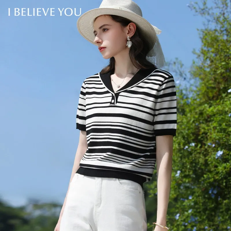 

I BELIEVE YOU Черно-белая полосатая свободная вязаная рубашка с короткими рукавами, новинка лета 2026, повседневный элегантный топ с круглым вырезом 2261146258