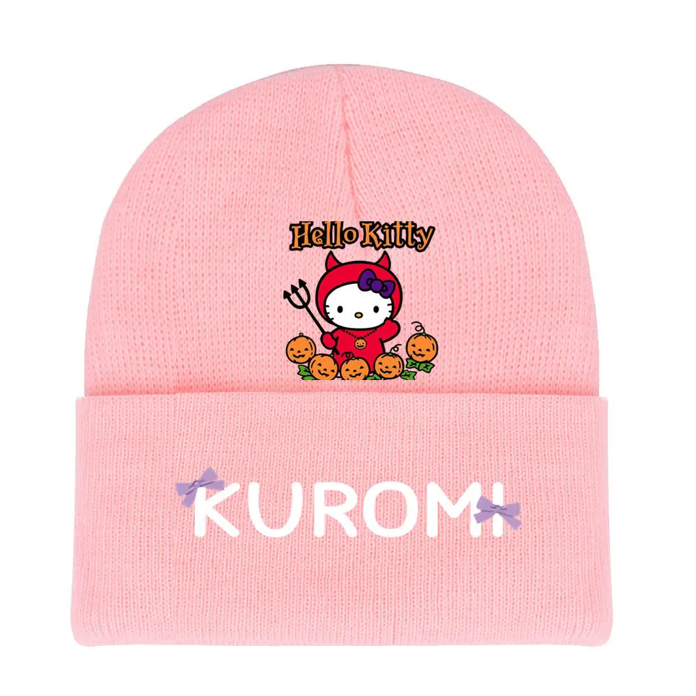 Sanrio Kuromi Topi Rajut Lucu Kartun Kepribadian Kreatif Topi Musim Gugur Musim Dingin Benang Barang Anime Hadiah Natal Halloween Grosir.