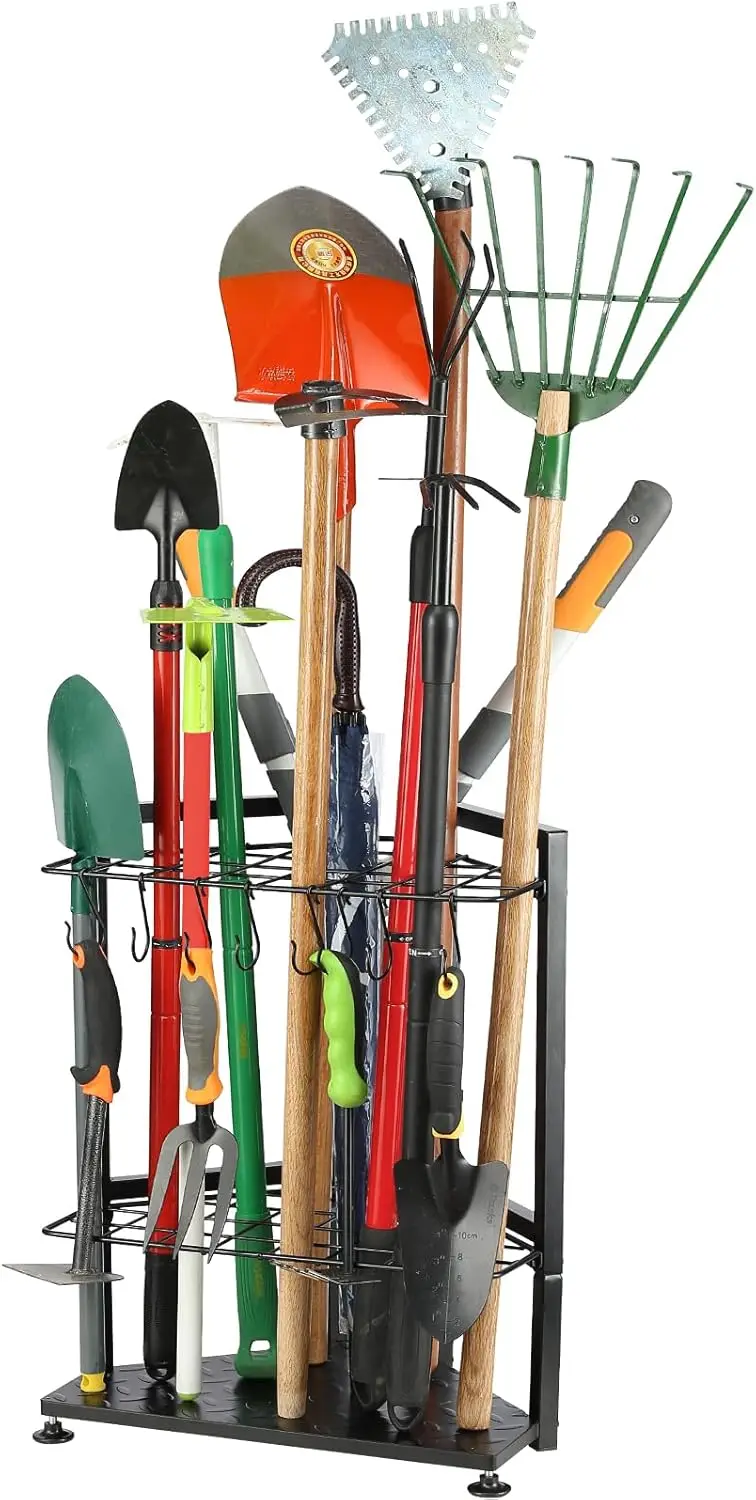

Heavy Duty Free Standing Metal Garden Tool Organizer for Garage, Yard, Shed & Outdoor Storage