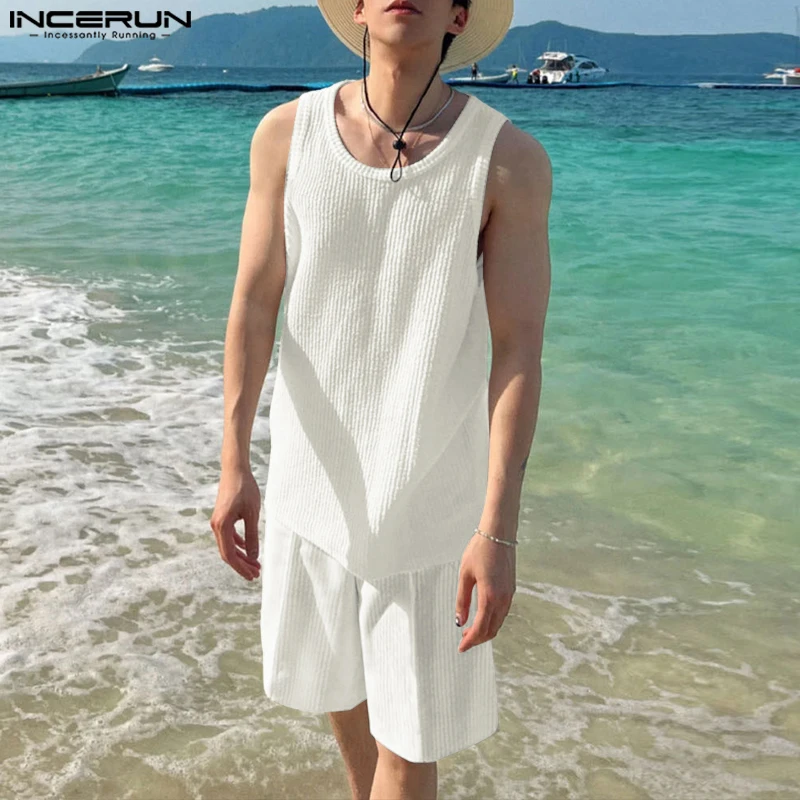 

INCERUN Men Sets Solid Color O-neck Sleeveless Tank Tops & Shorts Two Pieces Sets 2025 Vacation Men's Casual Suits Streetwear