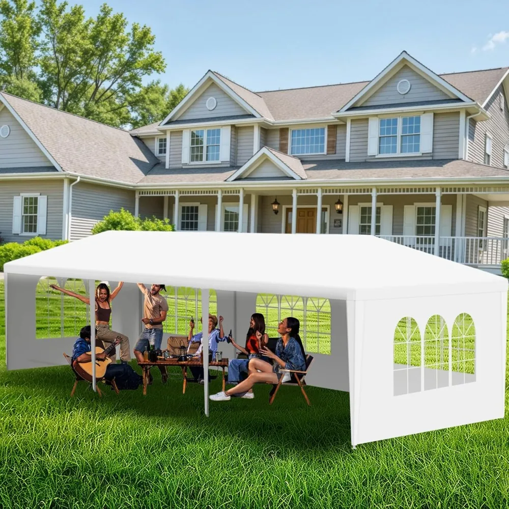 

10'x30' Outdoor Party Canopy Tent with 5 Removable Sidewalls, White Gazebo with Transparent Windows, Rust-Resistant Shelter for