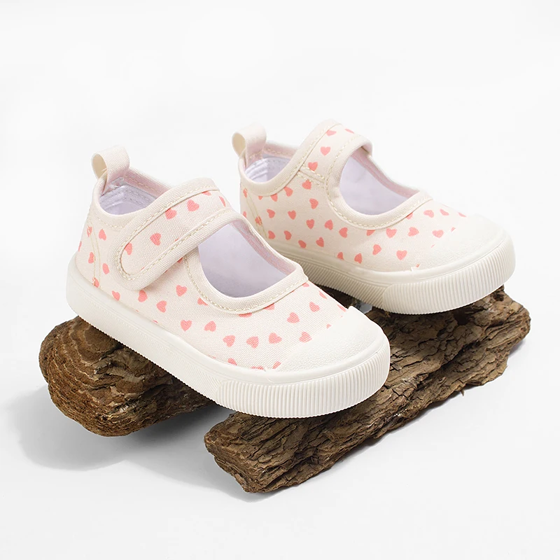 

2025 Multi Season Pink Heart Square Mesh Toe Breathable Canvas Comfortable Soft Sole Cute Kids Casual Shoes