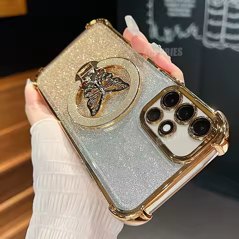 Plating Butterfly Holder Case For Samsung Galaxy A51 A22 4g A12 5g A02 A03 A04 A05 A06 Silicone Stand Cover A05s A03s Note 10 20