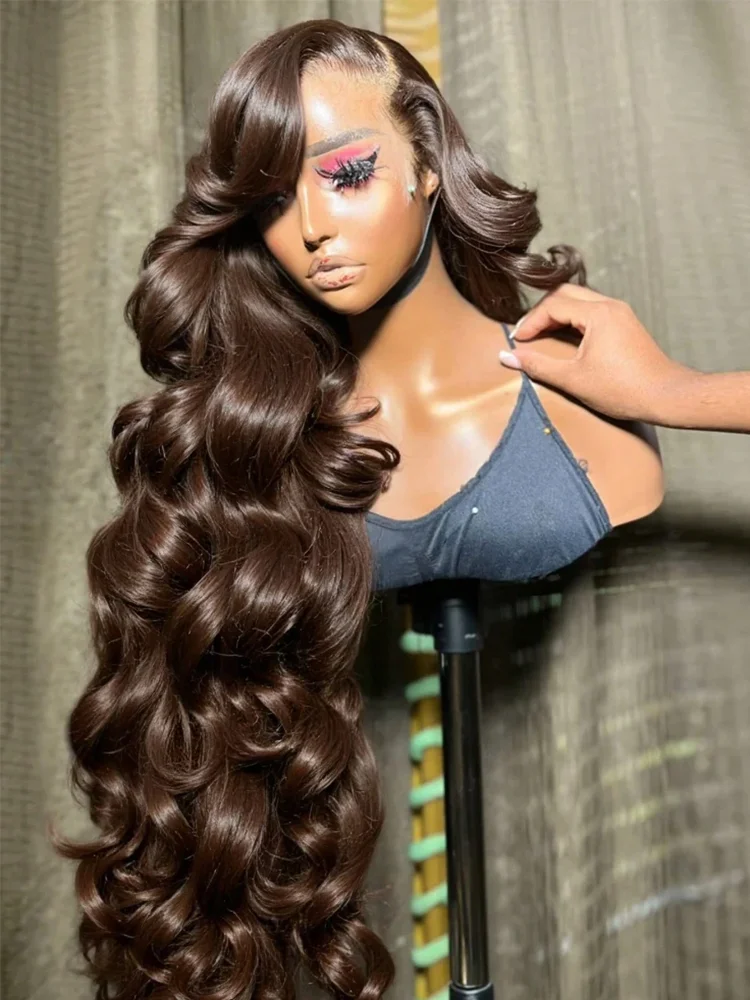 

32-дюймовый парик из натуральных волос, цвет шоколадно-коричневый, с волнистым укладом, 13x4 HD кружевной фронтальный, окрашенный, для женщин