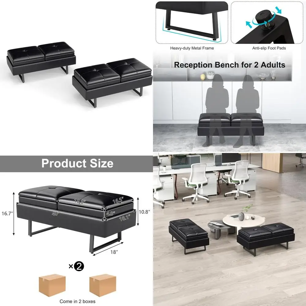 Two-Seat Office Guest Reception Leather Bench with Cushion, Upholstered Waiting Room Seating for Comfortable Lounge Area