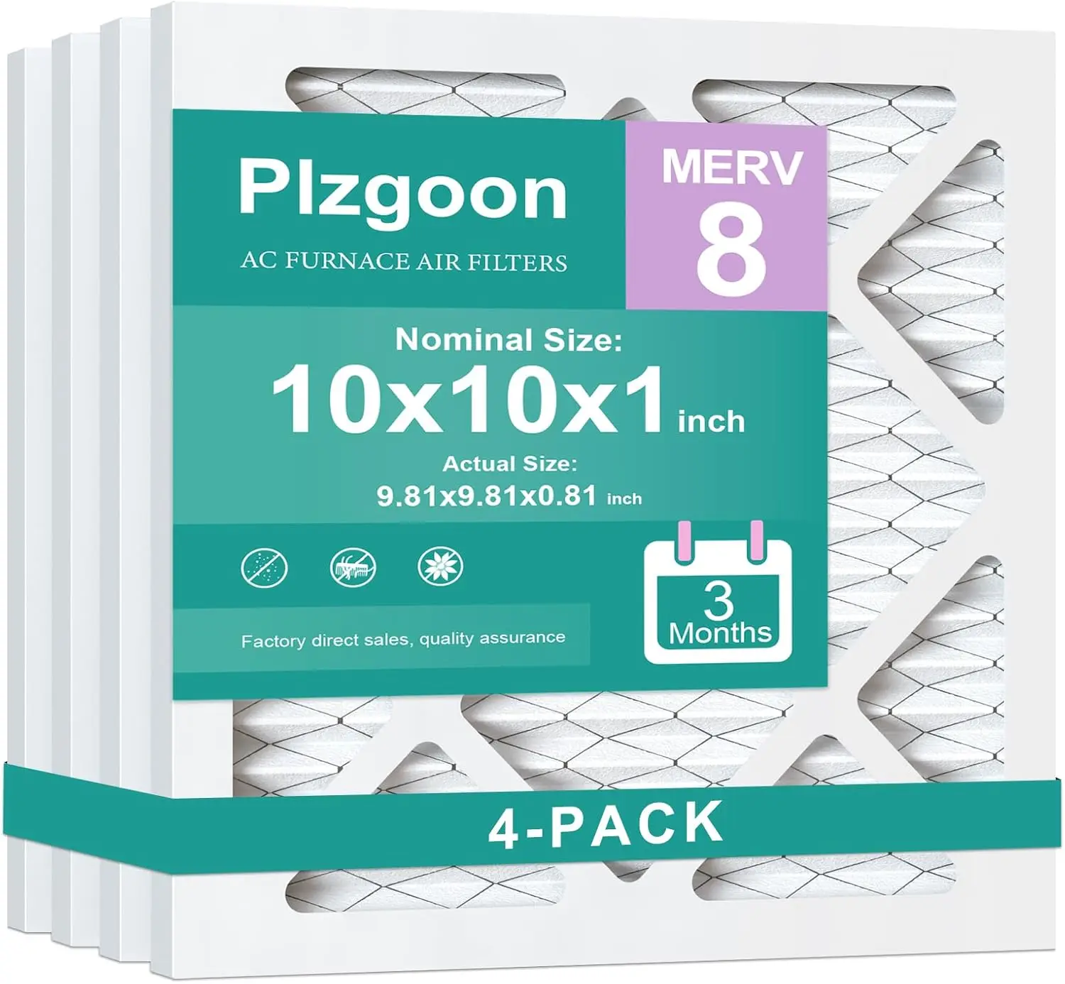 

10x10x1 MERV 8 Воздушные фильтры для систем ОВКВ, 4 шт., для домашних печей и систем кондиционирования, точное соответствие размерам 9.81 дюймов (длина) x 9.81 дюймов (ширина)