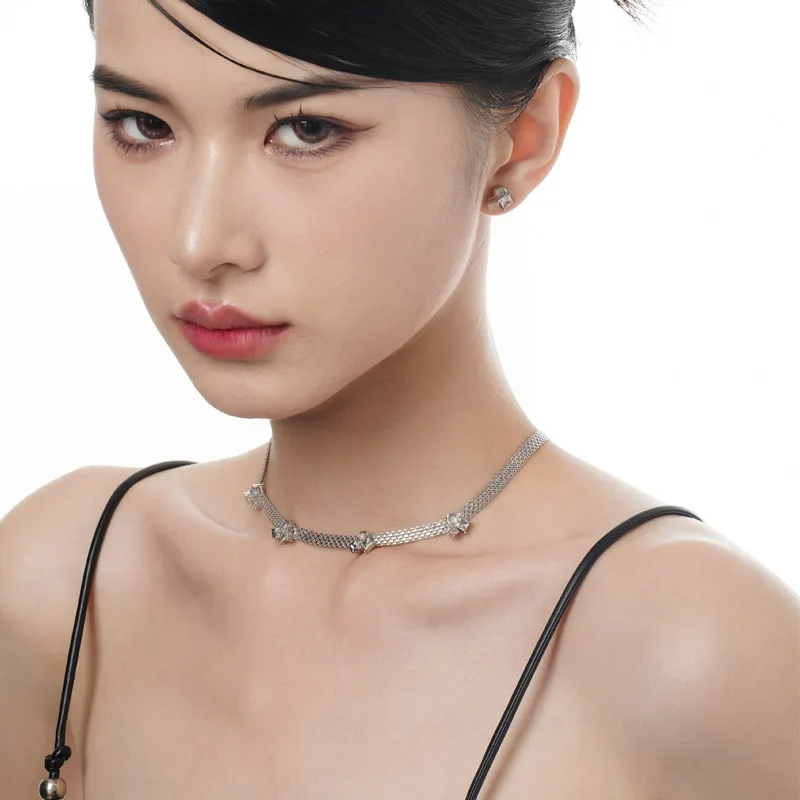 Heavy Duty Onyx Necklace Handmade, S925 Sterling Silver Diamond Inlaid Short Collarbone Chain