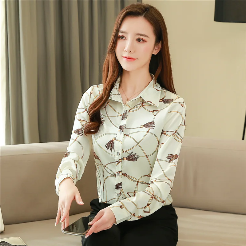 Elegant Temperament Women’s Shirt 2025 Spring New Fashion Polo-Neck Printed Blouse Fashion Slim Satin Long Sleeves Top for Women