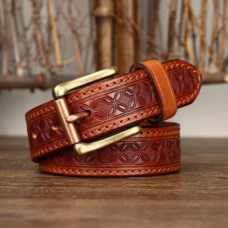 3.3cm Men Genuine Leather Pure Cowskin Personality Luxury Design Belt,Male Vintage Copper Buckle Jeans Strap Belts