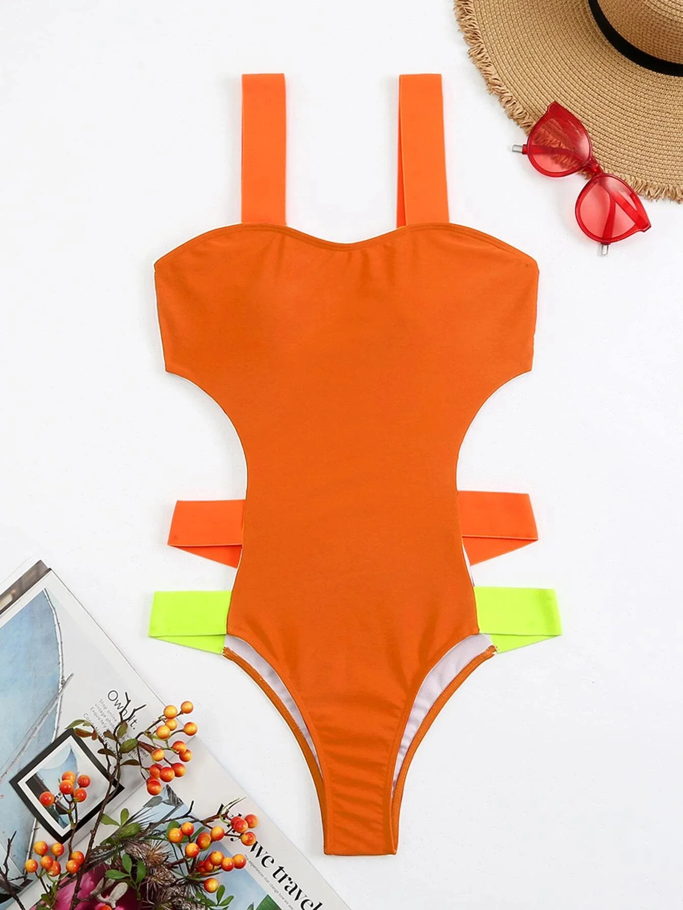 Colorful Strap Cut-out One Piece Swimsuit Women Swimwear Slimming Bodysuit Summer Beach Bathing Suit