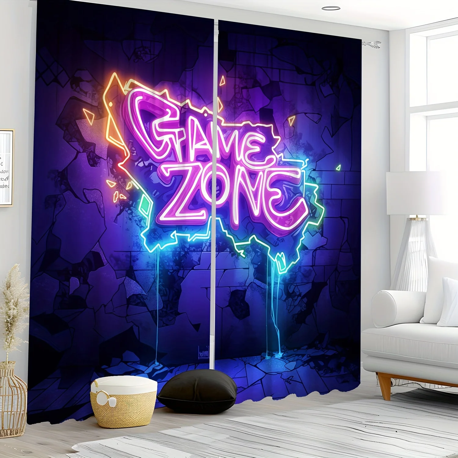 2pcs Neon Game Zone Print Curtains Graffiti Style Polyester Window Drapes for Boys Bedroom Game Room Cyberpunk Decor