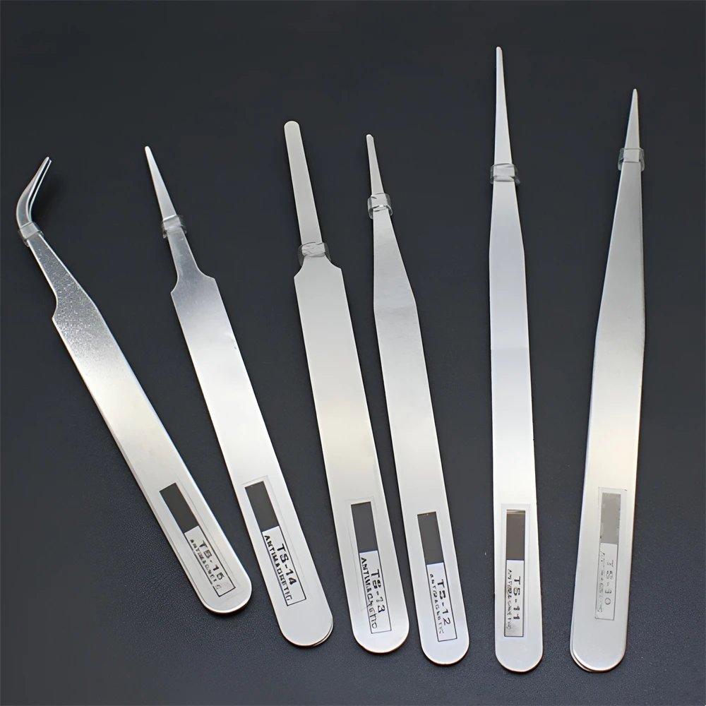 6Pcs Anti-static ESD Stainless Steel Tweezers Maintenance Tool Industrial Precision Curved Straight Tweezers Repair Tools Set