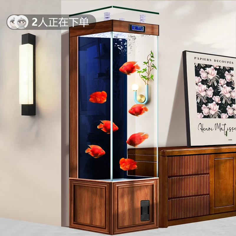 Chinese fish tank living room TV cabinet next to the vertical imitation solid wood ultra-white glass ecological water box
