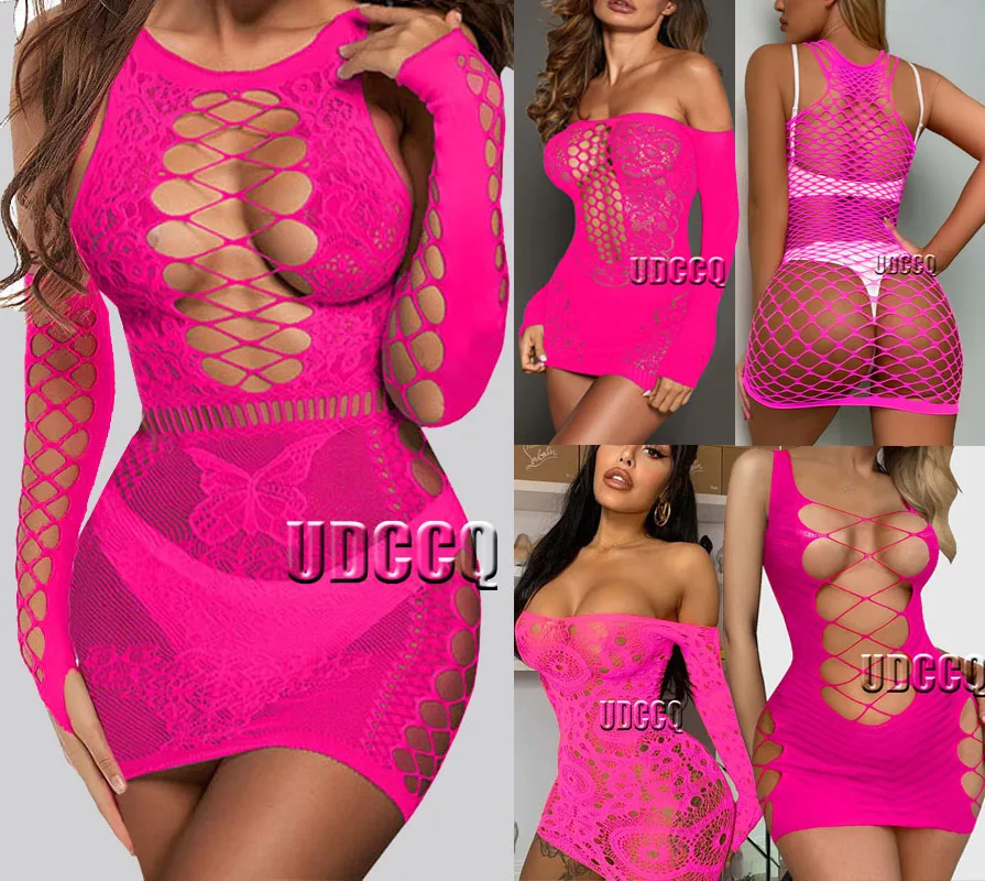 Sexy crochet Fishnet Cosplay Lingerie Babydoll Underwear costumes Chemises Teddies Sleepwear hoot sexy dress fluorescent pink