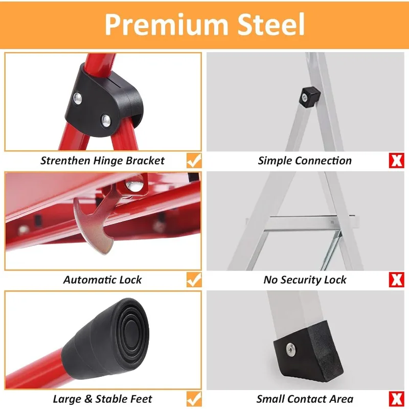 Folding Step Ladder 4 Steps Stool,Heavy-Duty Sturdy Safety Steel Tall Step Stool Ladders with Handrails & Wide Pedals for,Red