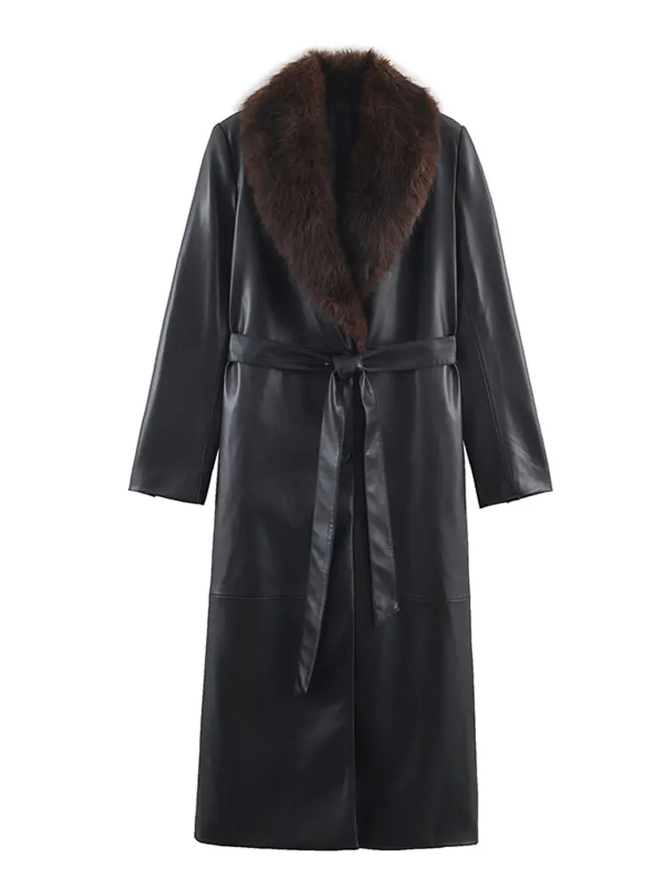 

Women's Long Faxu Leather Trench Coat with Luxury Fur Collar 2025 New Fashion Black Belted Slim Fit Overcoat Elegant Outerwear