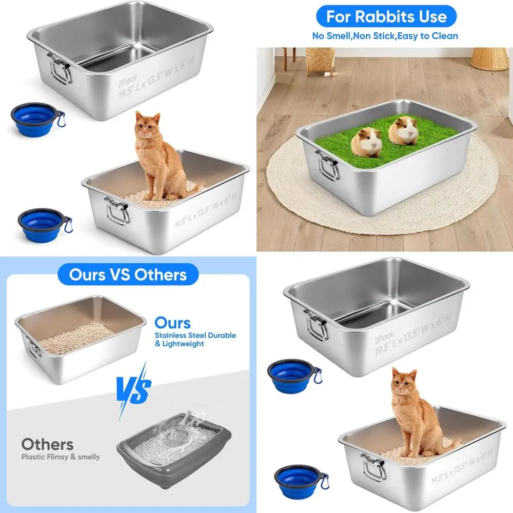 

Stainless Steel Litter Box with Handle, 19.5 x 13.5 x 6, Odor Control, Foldable Feeding Plate for Cats & Rabbits