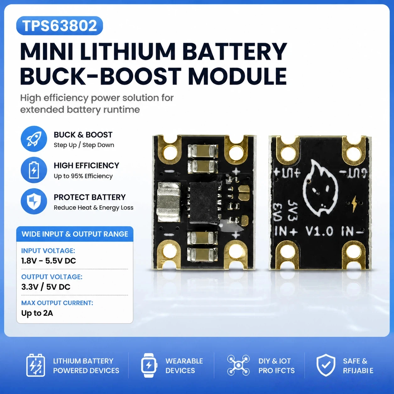 

TPS63802 Mini Buck Boost Converter Module DC 1.8-5.5V to 3.3V 5V 1A 2A Lithium Battery Step Up Down Voltage Regulator Board