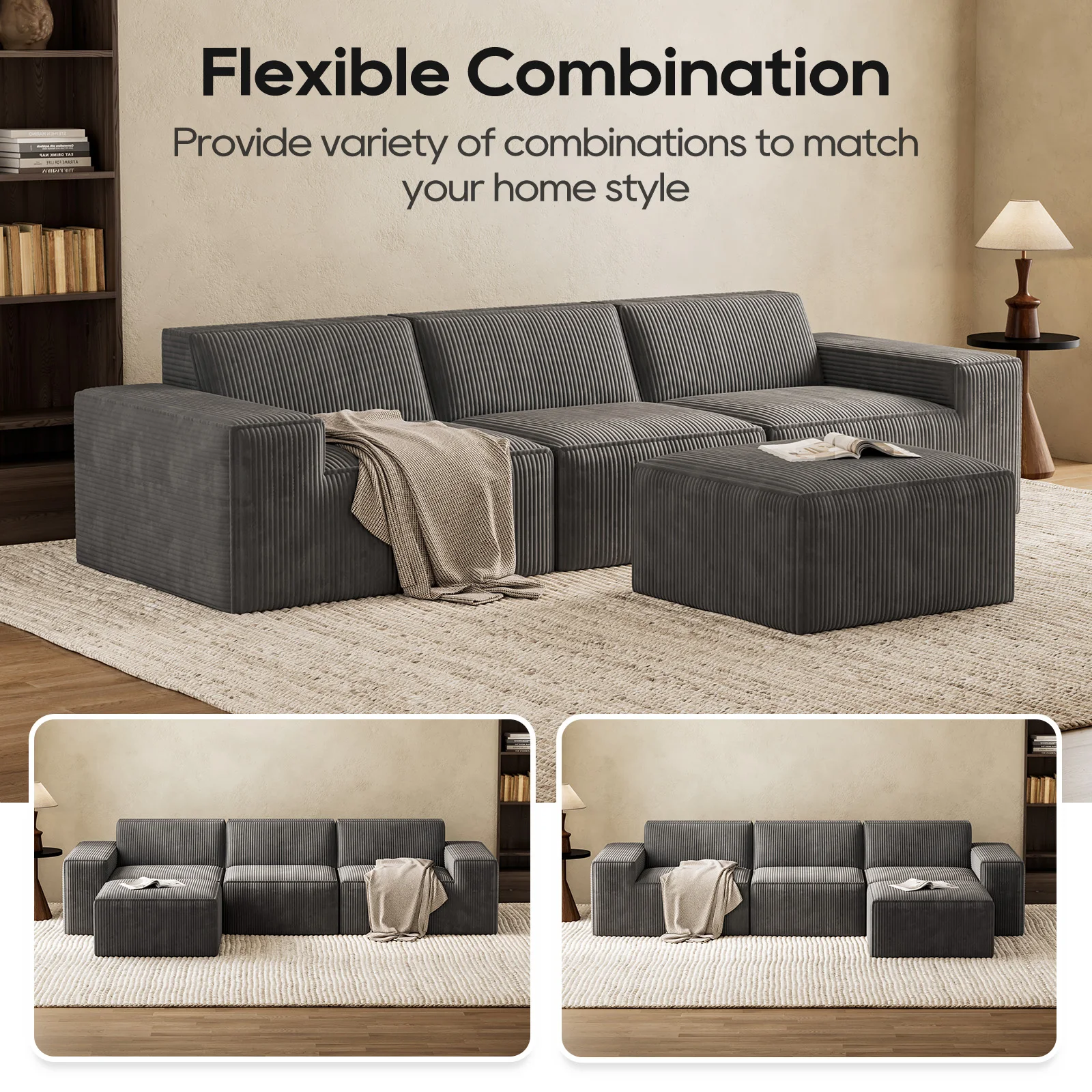 Corduroy Fabric Modular Sectional Sofa Living Room Modern Minimalist Light Luxury Grey Shaped Sofa Living Room Furniture