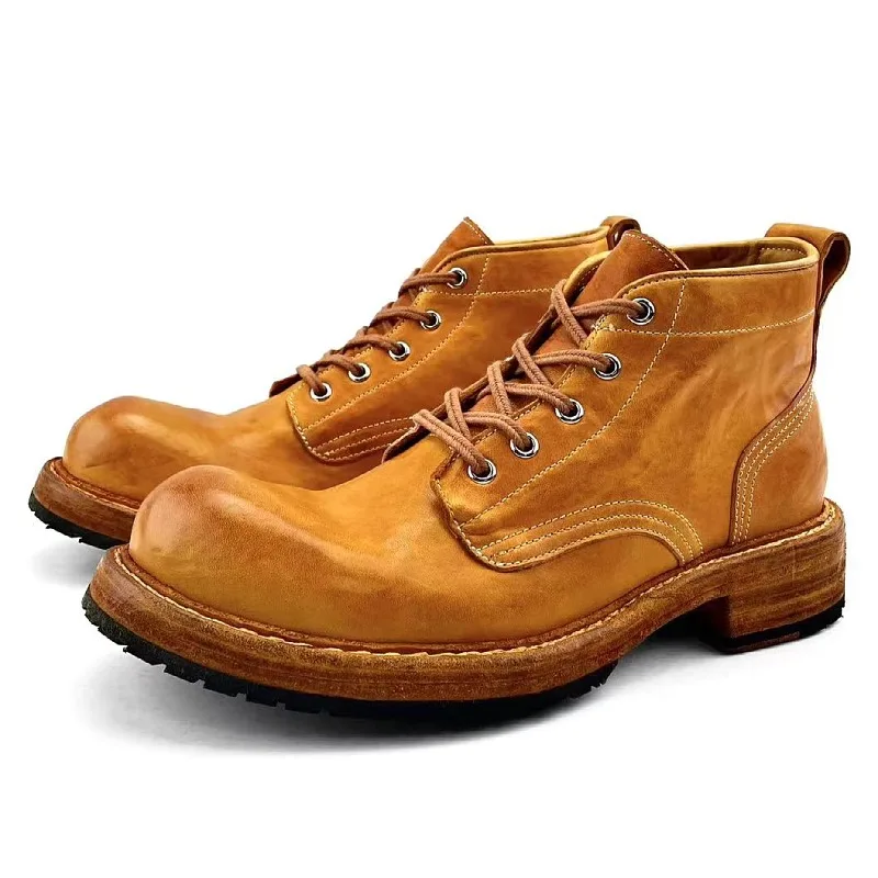 American Genuine Leather Outdoor Hiking Work Boots Men's Shoes Thick Sole High Top Chelsea Motorcycle Boots Male Botines Hombre