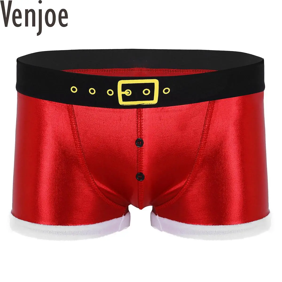 Mens Faux Leather Christmas Shorts Metallic Shiny Holiday Party Santa Claus Costume Boxer Shorts Xmas Fancy Dress Underwear