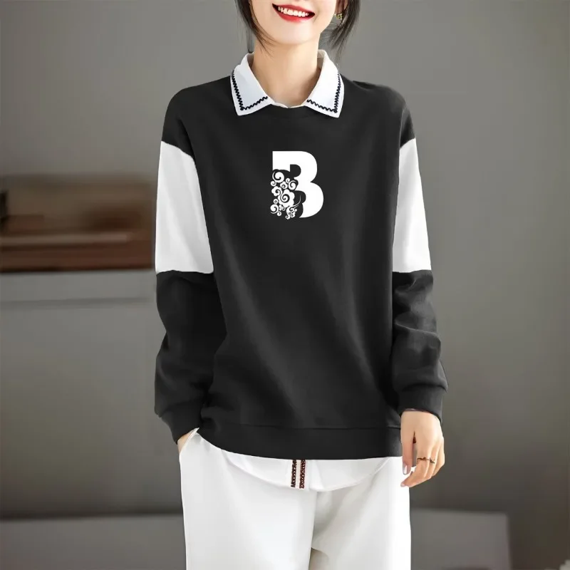 Women's Temperament Splicing Top Retro Loose Pullover Pure Cotton Fashion Autumn Winter Contrasting Color Sweatshirt #2