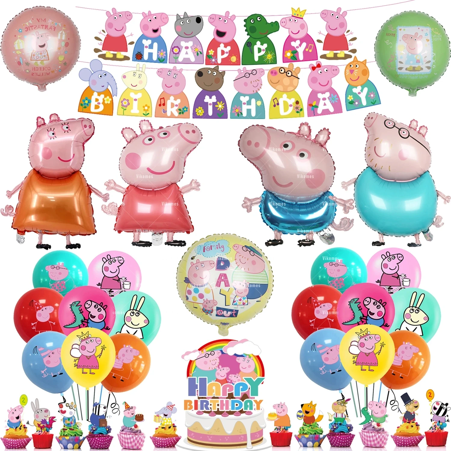 Peppaed Pig Balloons Family Pink George Rebecca Susy Ballons Happy Birthday Banner Party Decoration Kids Cake Topper Tableware